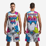 Size and specification sheet for custom neon basketball uniforms graffiti white set showing youth and adult sizing options for team orders
