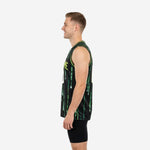 Left side view of custom neon green basketball jersey design showing sleeveless cut and straight hem at hip length