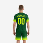 Custom sublimated Forest Green soccer jersey with Neon Yellow-Green gradient detail, V-neck neckline, team name and number print zones