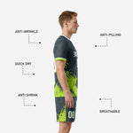 Matching charcoal and neon green soccer shorts with sublimated splash print and player number on left thigh
