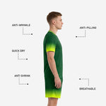 Matching custom Forest Green soccer shorts with Neon Yellow-Green gradient hem and sublimated leg number placement