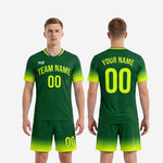 Custom neon green soccer uniforms back view showing player name, back number, and Forest Green to Neon Yellow-Green gradient fade