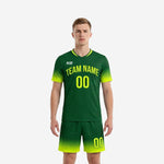 Custom neon green soccer uniforms in Forest Green with Neon Yellow-Green gradient fade, front view, mens full kit