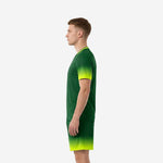 Mens custom neon green soccer uniform right side view displaying sublimated Forest Green and Neon Yellow-Green gradient on jersey and shorts