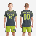 Custom neon green soccer uniforms full kit back view showing player name and back number print zones