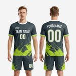Custom neon green soccer uniform full kit back view showing player name arc and back number placement