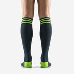 Neon green triple stripe cuff band detail on custom charcoal soccer socks for full squad orders