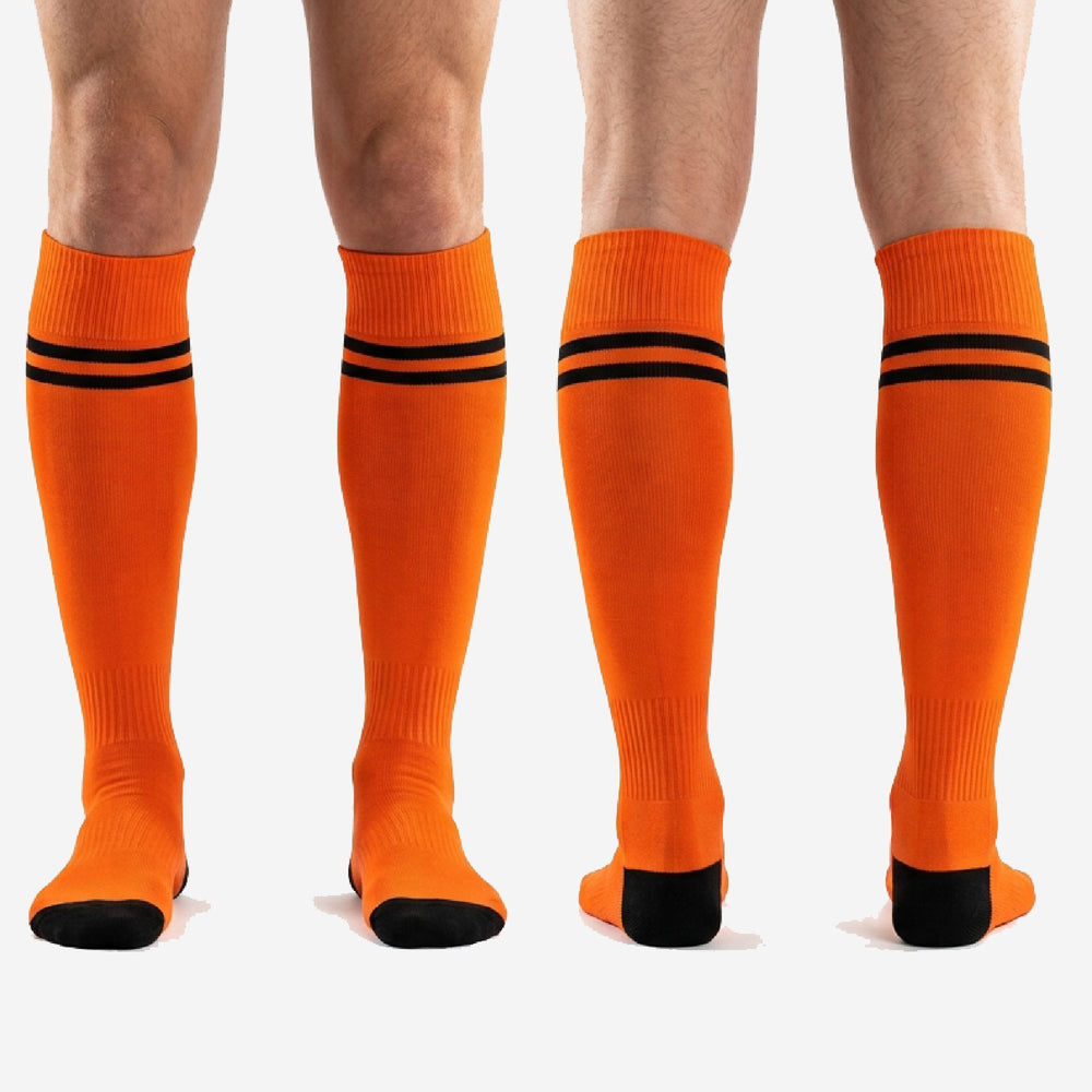 Custom Orange and Black Soccer Socks - Moisture Wicking