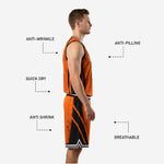 Full custom orange basketball jersey and shorts set with black paneling from K2 Sportswear