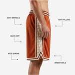 Back view of custom orange basketball shorts with sublimated number and elastic rib waistband