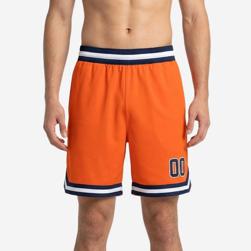 Custom orange basketball shorts with navy and white striped waistband and chevron hem stripe, player number 00 on lower left thigh, front view