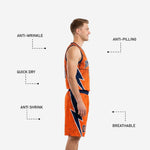 Back view of custom orange basketball uniform with player number and name placement on the jersey and matching orange shorts with side panel detail