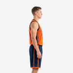 Men's custom orange basketball uniform front view showing V-neck jersey with navy binding, arched team name in navy letters, and front number on orange chest