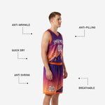 Back view of custom orange basketball uniform showing player name and number placement on purple gradient jersey
