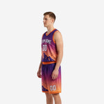 Opposite side view of custom purple and orange basketball uniform set showing shorts gradient and orange waistband trim
