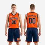 Size and specification sheet for custom orange basketball uniform set showing youth and adult sizing options and sublimated jersey and shorts details