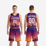 Size and specification sheet for custom orange basketball uniform set in purple and orange with youth and adult sizing