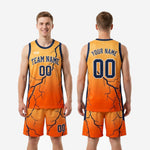 Size and spec chart for custom orange basketball uniform set in youth and adult sizes