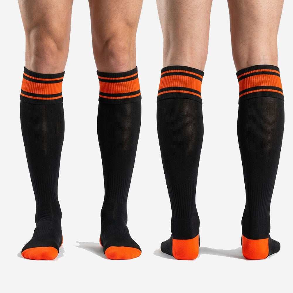 Custom Orange and Black Soccer Socks | Striped Match Socks