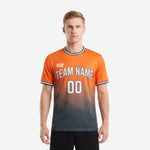 Front view of custom orange soccer jersey with arched team name and number printed in full-dye sublimation on athletic male model