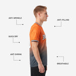 Side view of custom orange soccer jersey showing anti-wrinkle, quick-dry, anti-pilling, and breathable fabric callouts on adult male model