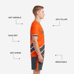 Charcoal soccer shorts with orange side stripe detail from custom orange soccer uniform 2-piece kit