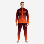 Custom orange and maroon gradient soccer tracksuit full set front view with team logo and player number on chest