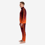 Mens custom orange maroon soccer tracksuit side view showing tapered pants with orange stripe and thigh number print