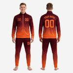 Custom orange and maroon sublimated soccer tracksuit stripe panel detail showing full-dye gradient print quality