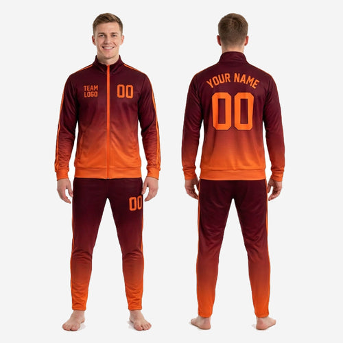 Custom orange and maroon sublimated soccer tracksuit stripe panel detail showing full-dye gradient print quality
