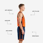 Back view of custom navy and orange basketball uniform showing back player name and number placement on orange jersey with navy side panel trim