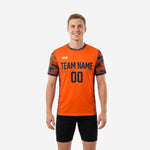 Custom orange and navy camo two tone training jersey front view with team name and number sublimated on chest
