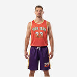 Custom orange and purple basketball uniform front view, full sublimated kit by K2 Sportswear