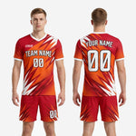 Complete custom orange and red 2-piece soccer uniform set including sublimated jersey and matching shorts
