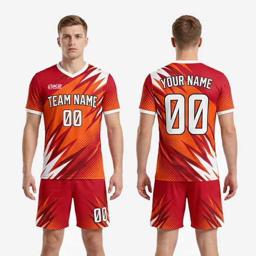 Complete custom orange and red 2-piece soccer uniform set including sublimated jersey and matching shorts