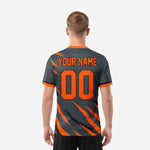 Custom orange soccer jersey back view showing player name and number printed in Athletic Orange on Charcoal base