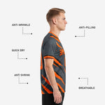 Custom orange soccer jersey crew-neck collar detail in Athletic Orange rib band with black edge accent