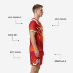 Custom orange soccer shorts with red spike pattern and white player number on left leg