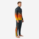 Orange soccer tracksuit full-zip jacket and tapered pants, left side view showing gradient fade and zip pocket