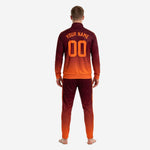 Custom gradient soccer tracksuit jacket detail showing stand collar full zip and sublimated orange contrast sleeve stripe
