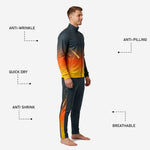 Orange and charcoal soccer tracksuit pants with gold comet side panel accent and tapered leg cut