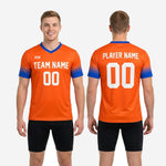 Full back view of custom orange soccer training jersey with Royal Blue gradient sleeves showing back number and name print zones