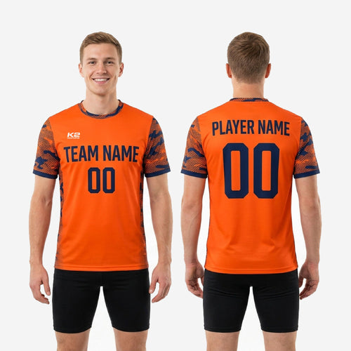 Custom orange two tone soccer training jersey full sublimation camo design for club and school squads