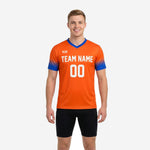 Men's custom orange soccer training jersey with Royal Blue gradient sleeves and white team name and number on the chest, front view