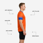V-neck collar detail on the custom orange and Royal Blue gradient soccer training jersey with contrast blue trim