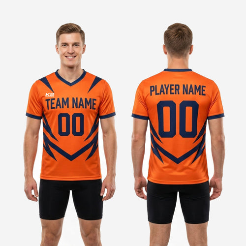 V-neck collar detail on custom orange soccer training jersey showing navy blue trim and sublimated edge-to-edge print