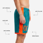Waistband and drawcord detail on custom orange soccer shorts with teal body, elastic waistband with orange cord