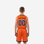Back view of orange navy youth basketball uniform showing back name and number placement on fully sublimated jersey