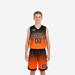Custom orange youth basketball uniforms front view showing black-to-orange gradient jersey and matching shorts with team name and number 00