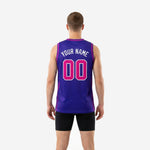 Back view of custom sleeveless basketball jersey in purple and magenta showing player name below V-neck and back number centered on halftone dot field